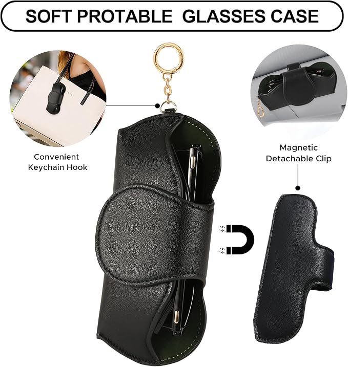 KINIVA Sunglasses Holder for Car Visor with Hanging Hook Portable Leather Glasses Storage Bag with Detachable Clips - Image 3