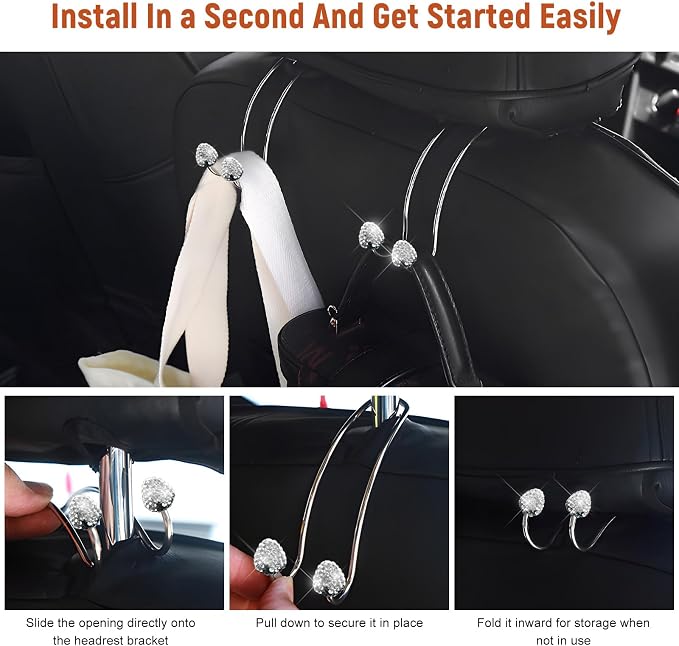 2 PCS Car Headrest Hooks Decorations, Bling Strawberry-Shaped Auto Backseat Hangers, Stainless Steel Purse Hook Diamond Seat Back Storage Holder for Most Cars Trucks SUVs (White) - Image 3