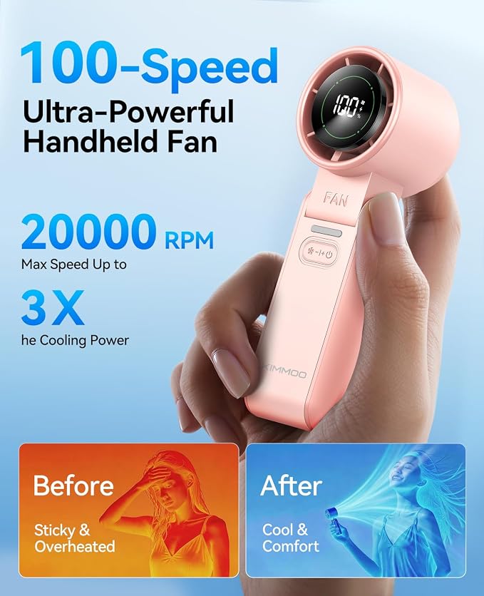 KIMMOO 2 Pack Pink Portable Handheld Turbo Fan-100 Speeds,Powerful 20000 RPM, 12Hrs Cooling, USB Rechargeable Mini Hand Held Personal Fan for Travel Makeup Outdoor Indoor - Image 3