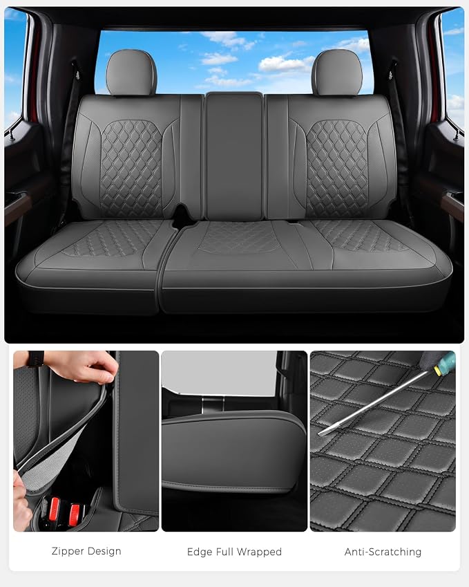 Huidasource Gray Rear Seat Covers Fit for Ford F150 2015-2026 & F250 F350 F450 2017-2026 Crew Cab XL XLT Lariat King Ranch Platinum, Nappa Leather Waterproof Rear Bench Car Seat Cover - Image 5