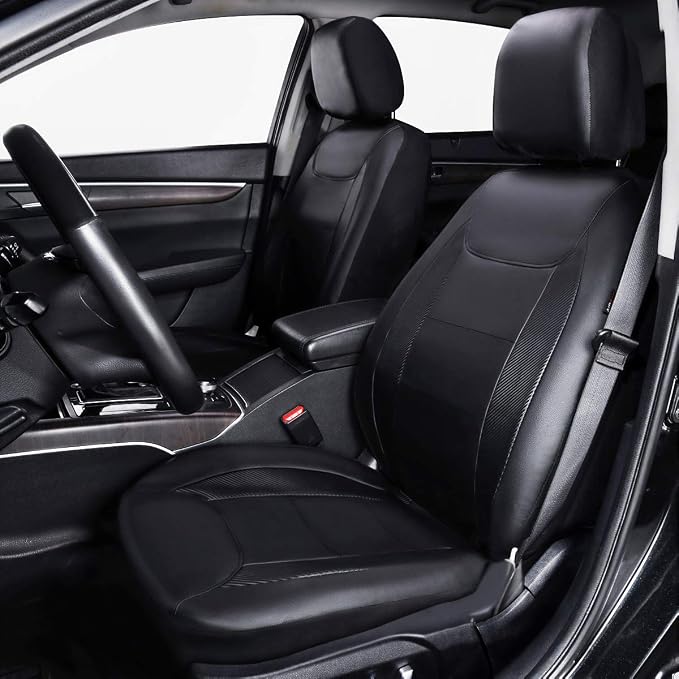 Flying Banner car seat Covers Protects Water Proof Faux Leather Carbon Fiber Front and Rear Bench (Black Black, Full Set - 9PCS) - Image 3
