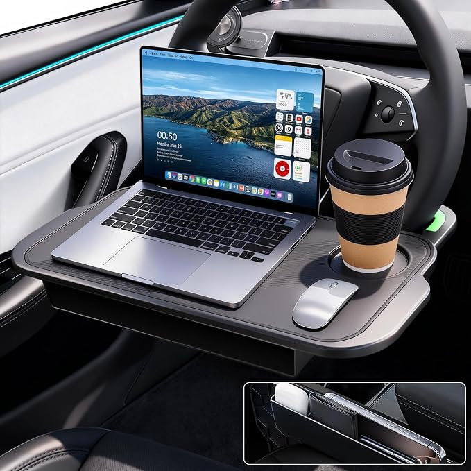 2-in-1 Car Steering Wheel Desk Tray & Car Seat Gap Filler Organizer – Silicone Look Table for Laptop, Eating Food, Writing – Work Road Trip Essentials Accessories (Black) by Unknown