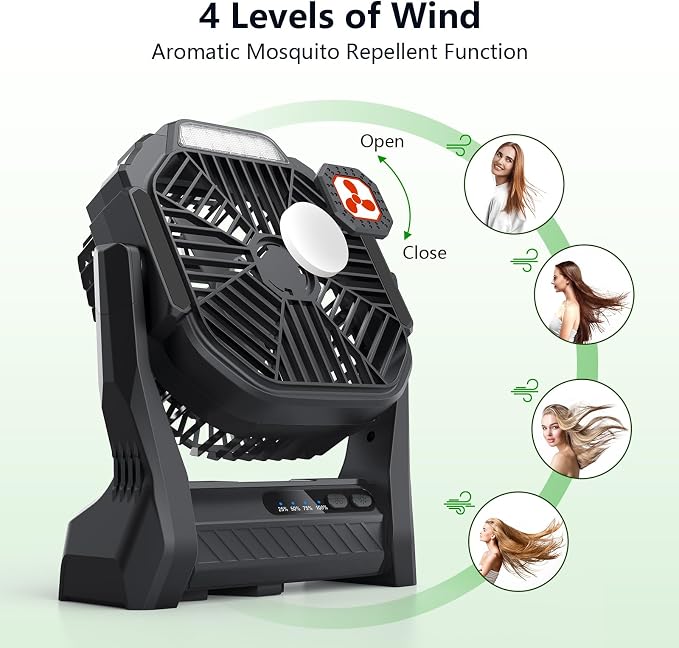 Portable Fan Rechargeable 20000mAh Cordless Battery Powered Camping Fan | with LED Lantern Battery Operated for Travel Bedroom Home Camping Tent Office Beach Desk Fishing Table Black - Image 3