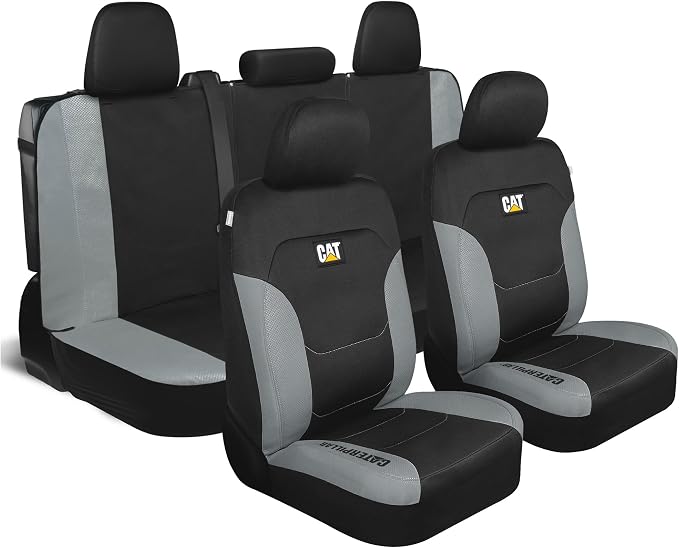 CAT Black & Gray Car Seat Covers Full Set - Front Seat Covers & Rear Bench Seat Cover - Airbag Compatible, 60/40 Split Bench for Mid-Size Trucks & SUVs - Automotive Interior Seat Accessories by Unknown