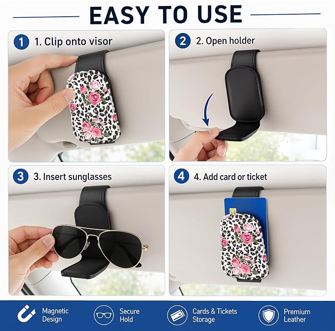 Leather Magnetic Sunglass Holder for Car Sun Visor, Cute Eyeglass Ticket Card Hanger Clip, Universal Auto Interior Accessories for SUV Pickup Truck, Rose Leopard - Image 5
