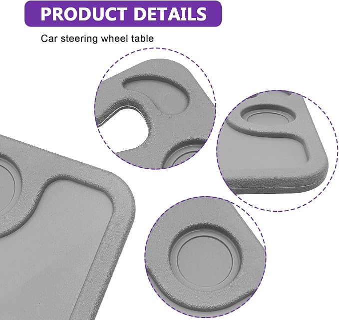 Car Steering Wheel Desk Tray for Laptop and Eating 2 in 1 Multipurpose Travel Accessory with Drink and Pen Holder Compatible with Most Vehicles Grey - Image 3