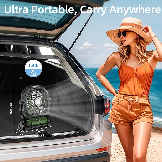 Camping Fan Rechargeable, 20000mAh Battery Powered Portable Fan with LED Light, 4-Speed 180° Adjustable, Camping Essentials for Tent, Travel, Car, Outdoor, Indoor, BBQ, Fishing, Jobsite - Green - Image 7