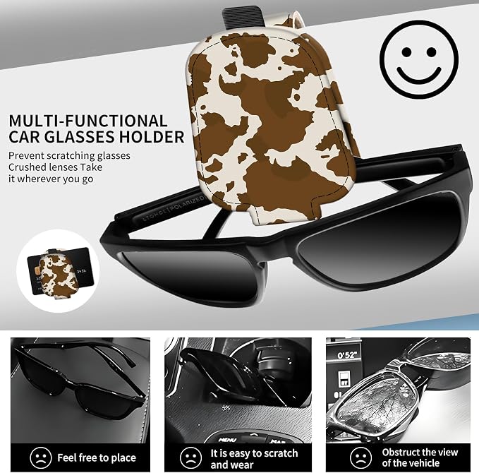 Leather Magnetic Sunglass Holder for Car Sun Visor, Cute Eyeglass Ticket Card Hanger Clip, Universal Auto Interior Accessories for SUV Pickup Truck Brown Cow Print - Image 2