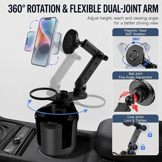 Magnetic Cup Holder Phone Mount for Car, Dual Cup Holder Adjustable Arm | 2-in-1 phone mount & cup expander, cleaner car, no interior damage, no suction, no adhesive, no vent clip, safer no-drop hold - Image 5