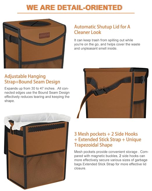 Pritent Car Trash Can with Lid Leakproof Car Garbage Bag Vehicle Trash Bin | Hanging Automotive Garbage Can,Multipurpose Car Accessories for Women Men Interior Car Storage Organizer(2 Gal,Brown) - Image 4