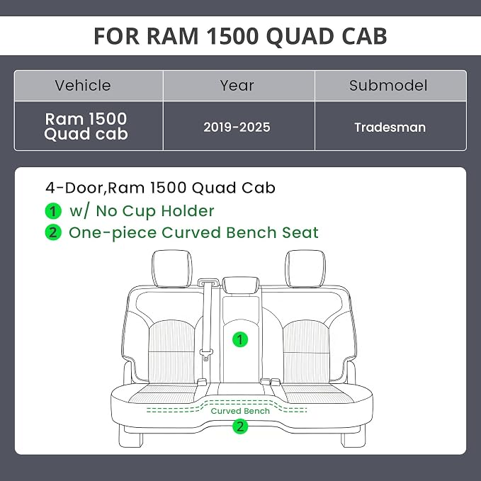 EKR Ram 1500 Seat Covers Custom Fit for (Quad Cab) RAM 1500 Tradesman 2019 2020 2021 2022 2023 2024 2025,Waterproof Black Car Seat Cover for Trucks Full Set-Neoprene(Black) - Image 2