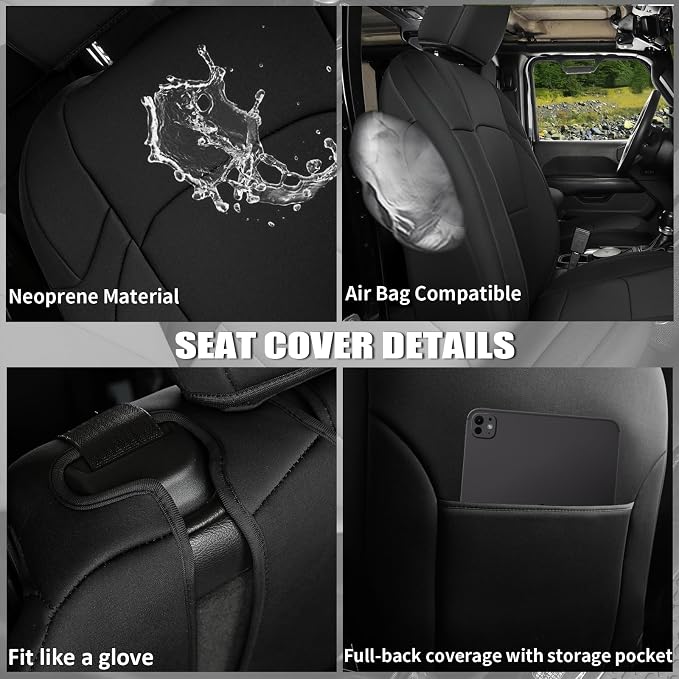 GIANT PANDA Neoprene Seat Covers for Jeep Wrangler JL 4-Door (2018-2026), Neoprene Waterproof Seat Covers W Armrest Cover, Foam Padded for Full Set (Black) - Image 9