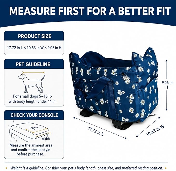 Center Console Dog Car Seat Safe Travel for Small Dogs Under 15 lbs | Detachable Washable Pet Carrier with Storage Pockets & Safety Leash,Navy Blue - Image 4