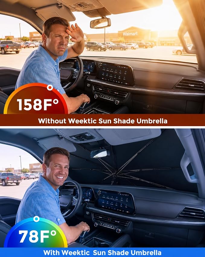 [2026 Upgraded] Weektic Windshield Sun Shade Umbrella for Tahoe/Yukon/Suburban/Escalade - 5 Layers Ice Crystal Coating Blocks 99% UV, Protect Interior | 360° Swivel Handle for Easy Use Car Accessory - Image 2