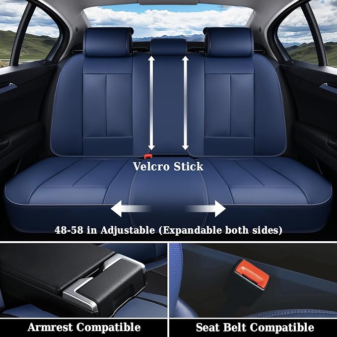 Coverado Car Seat Covers Full Set, Blue Car Seat Cover, Nappa Leather Seat Covers for Cars, Waterproof Car Seat Protector with Lumbar Support, Automotive Seat Covers Universal Fit for Most Cars (Blue) - Image 2