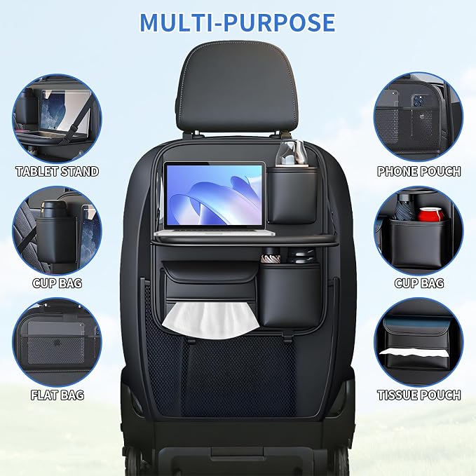Car Backseat Organizer with Foldable Table Tray,Hanging Storage Bag with Touch Screen Phone Holder,Premium PU Leather Material,Compatible with Most Vehicles,Inner Car Accessories - Image 3