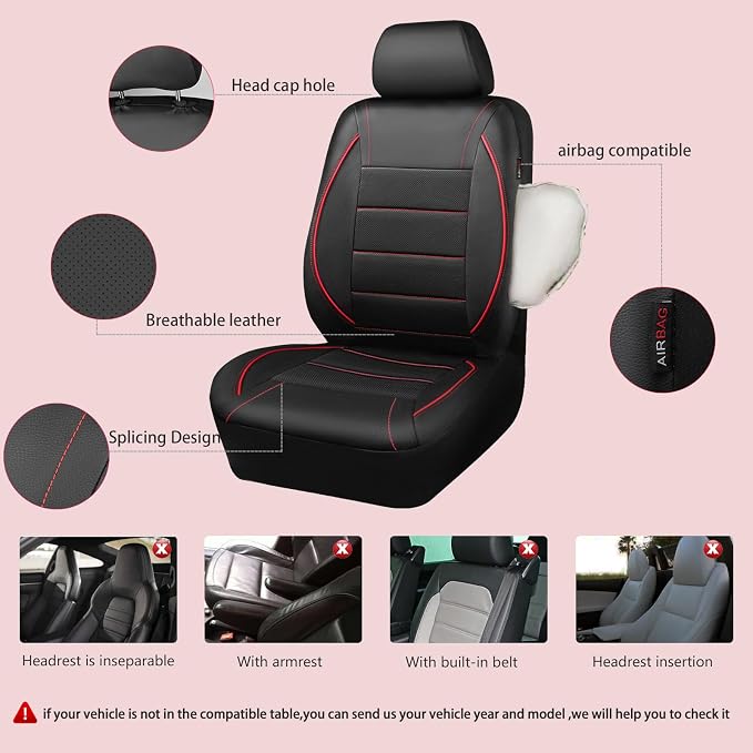 CAR PASS Universal FIT Piping Leather Car Seat Cover, for suvs,Van,Trucks,Airbag Compatible,Inside Zipper Design and Reserved Opening Holes (Full Set, Black and Red) - Image 5