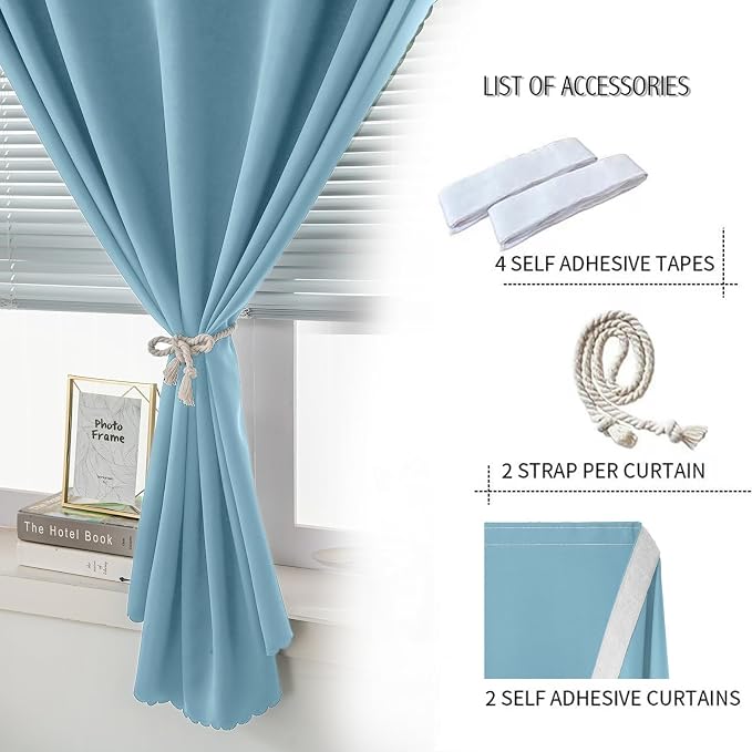 Self Adhesive Curtains, Portable Blackout Curtains Fabric Curtains for Living Room No Drilling, 59" W X 96" L, Lake Blue, 2 Panels - Image 2