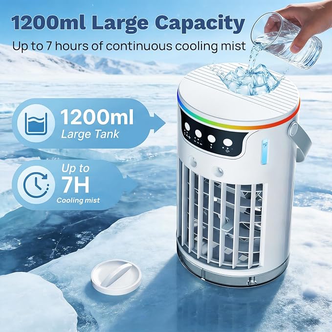 Portable Air Conditioners, Personal Evaporative Air Cooler 1200ML with Ice Cooling Mist Fans That Blow Cold Air Like AC Mini AC Unit for Bedroom, Home Office Desk and Car RV (White) - Image 6