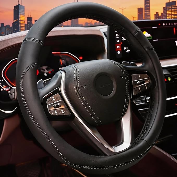 HOTOR Car Leather Steering Wheel Cover, Universal 14.5"-15",Black | Universal Car Accessory for Diverse Cars, Car Steering Wheel Cover with Anti-Slip Lining, Full Protection, Easy Installation by HOTOR