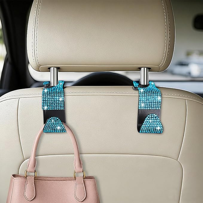 HZEL 4PCS Crystal Rhinestone Vehicle Headrest Hooks for Bags, Light Blue | plastic and rhinestone build, snap-on headrest mounting, holds bags and umbrellas, uses seatback space, fits vehicles - Image 3