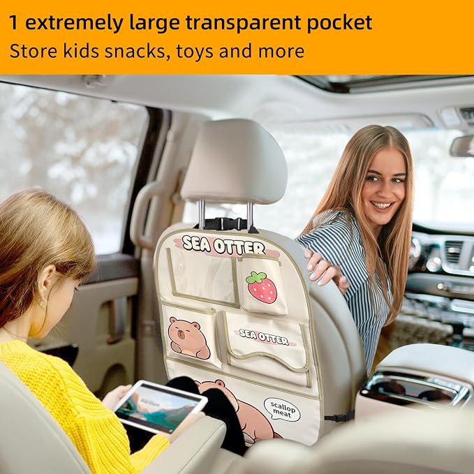 kids Leather Car Backseat Organizer with Foldable Table Tray, Car Storage Organizer with Tablet Holder, Car Seat Back Protectors Kick Mats, Travel Accessories (SEA OTTER2) - Image 7