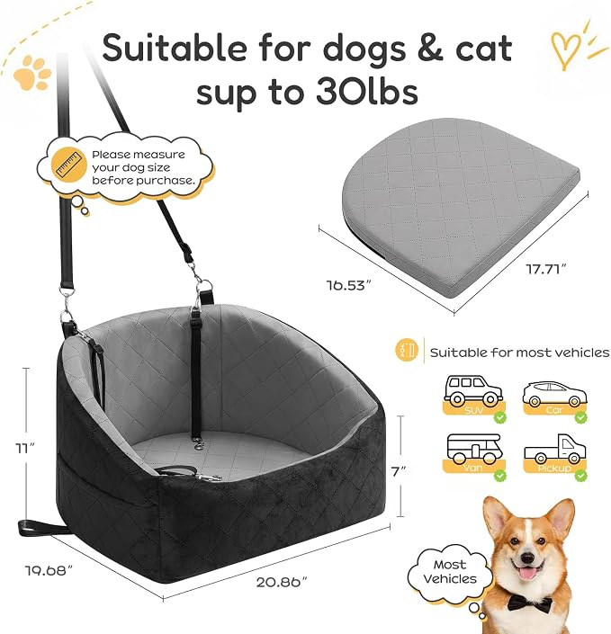 Dog Car Seat for Small Dogs Up to 30 Lbs, Pet Travel Safety Bed for Puppy Cat, Fits in Front/Back Seat, Anti Slip Base, Fully Detachable Washable with 2 Safety Tether(Light Gray-Black) - Image 3