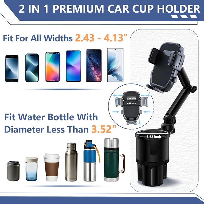 SAMPUSS 2-in-1 Phone Holders for Your Car Car Cup Holder Car Phone Holder | 360° rotation 2-in-1 function car phone mount with long arm universal smartphone phone holder car cup holder expander - Image 3