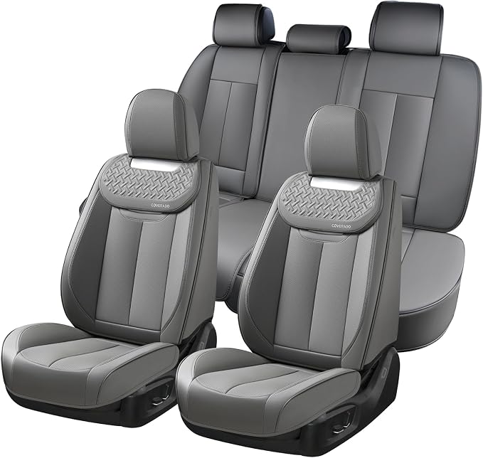 Coverado Car Seat Covers Full Set, Luxury Leather Car Seat Cover, Front and Back Seat Covers for Cars, Waterproof Car Seat Protector, Automotive Seat Covers Universal Fit Most Cars(Gray) by COVERADOAUTO