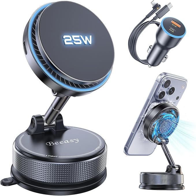 Beeasy 25W Qi2.2 MagSafe Car Mount Charger Built-in Cooling Fan, Upgraded Vacuum Suction Cup 360° Rotation, Magnetic Wireless Car Charger with 63W Adapter for iPhone 17 16 Pro Max Samsung S26 Ultra by Beeasy