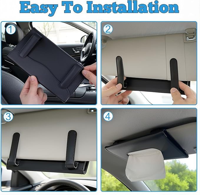 Car Tissue Holder, Universal Auto Napkin Case | Car Sun Visor Napkin Box, Premium PU Leather, Mask Holder for Vehicle, with Tissue Refill, Interior Accessories, Black - Image 6