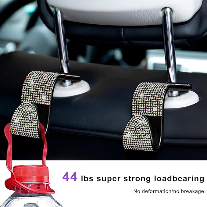 4 PCS Car Seat Headrest Hooks, Bling Crystal Rhinestone Back Seat Hanger Storage Organizer, Sparkly Seatback Holder Hooks for Purse and Bags Universal For Most Vehicles (Colorful) - Image 5