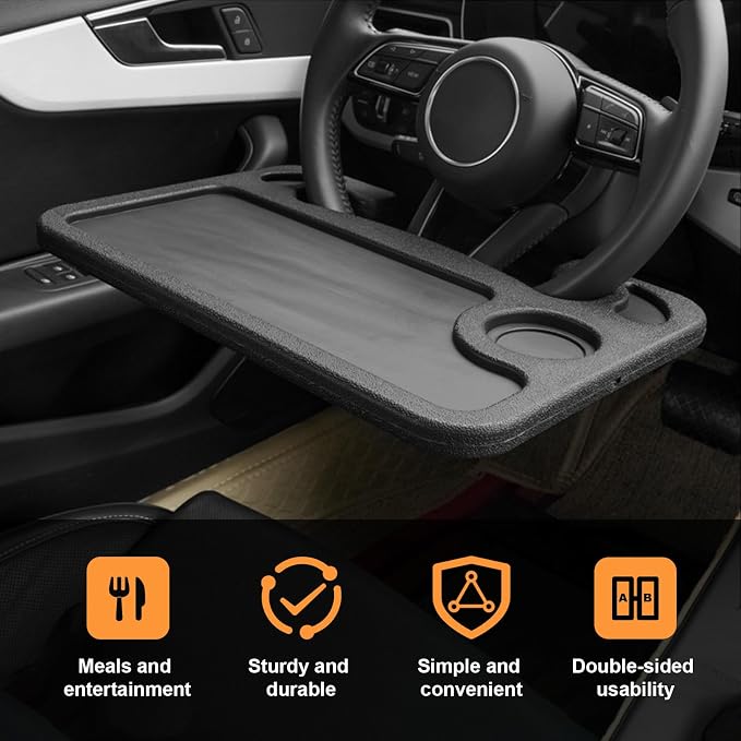Dickno Car Steering Wheel Desk, Multipurpose Auto Steering Wheel Tray with Drink Holder, Steering Wheel Food Tray for Eating, Universal Vehicle Travel Accessories for Constant Travelers (Black) - Image 4