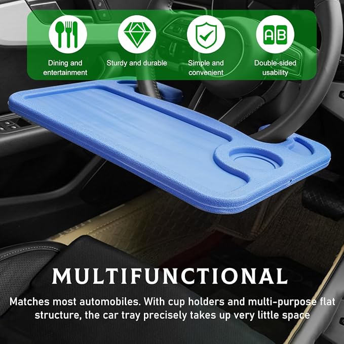 Car Steering Wheel Desk, 2 in 1 Auto Steering Wheel Tray for Food & Laptop, Multipurpose Vehicle Steering Wheel Table with Cup Holder and Pen Slot, Travel Car Accessories (Blue) - Image 6