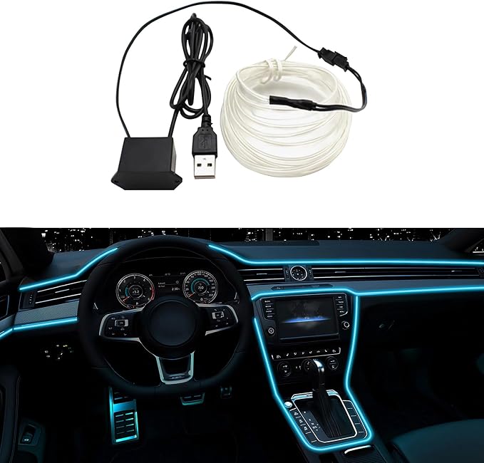 EL Wire Interior Car Lights, 16.5FT USB Ambient Lighting Strip, Ice Blue | Neon Glowing Strobing Electroluminescent Wire, 6mm Sewing Edge, Inside Car Lighting Accessories by QVEVDACAR