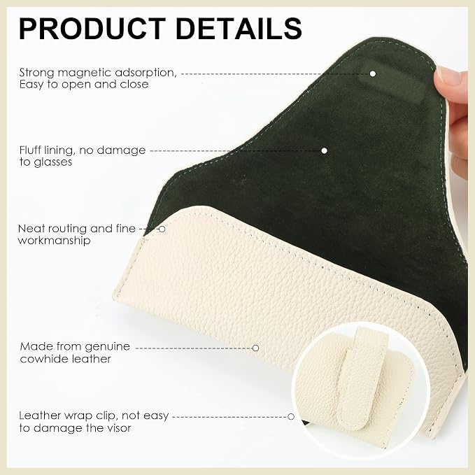 Magnetic Sunglass Holder for Car Visor, Leather Car Glasses Holder | Beige Visor Accessories Eyeglasses Holder Glasses Storage Case - Image 6
