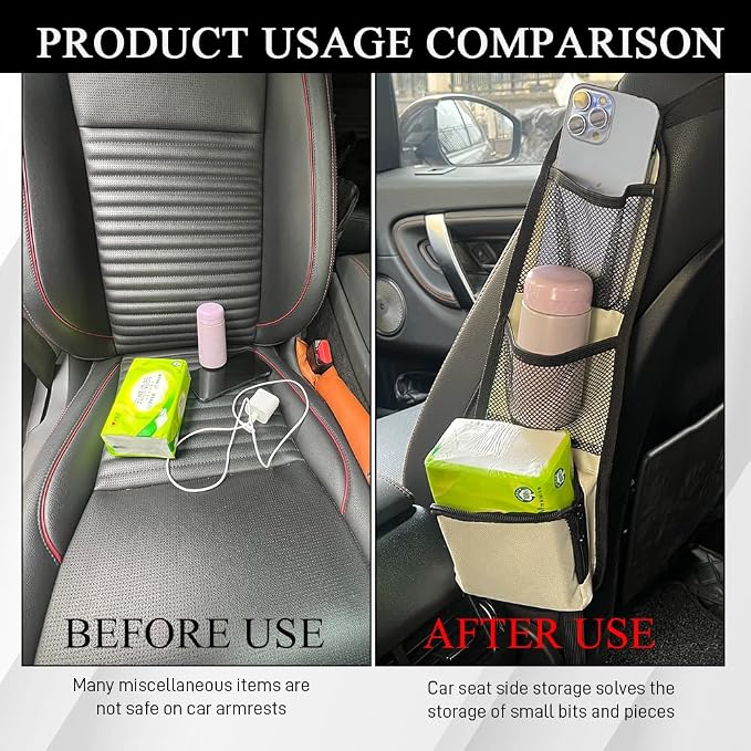 Car Seat Side Organizer, Seat Side Storage Pocket, Multifunctional Mesh Net Pocket, Car Multi-Pockets Backseat Organizer Side Hanging Bag for Storage Coins, Cell Phones, Glasses (Beige, 1PCS) - Image 4