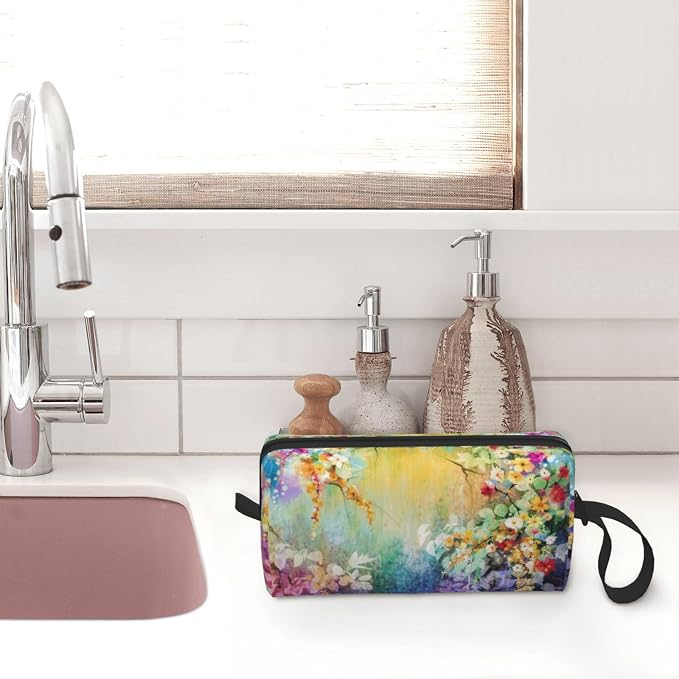 Watercolor Rainbow Flower Makeup Bag for Women | Durable 600D Oxford Fabric, Impact-Resistant & Compact, Travel Cosmetic & Makeup Organizer for Gym & Daily Use - Image 7