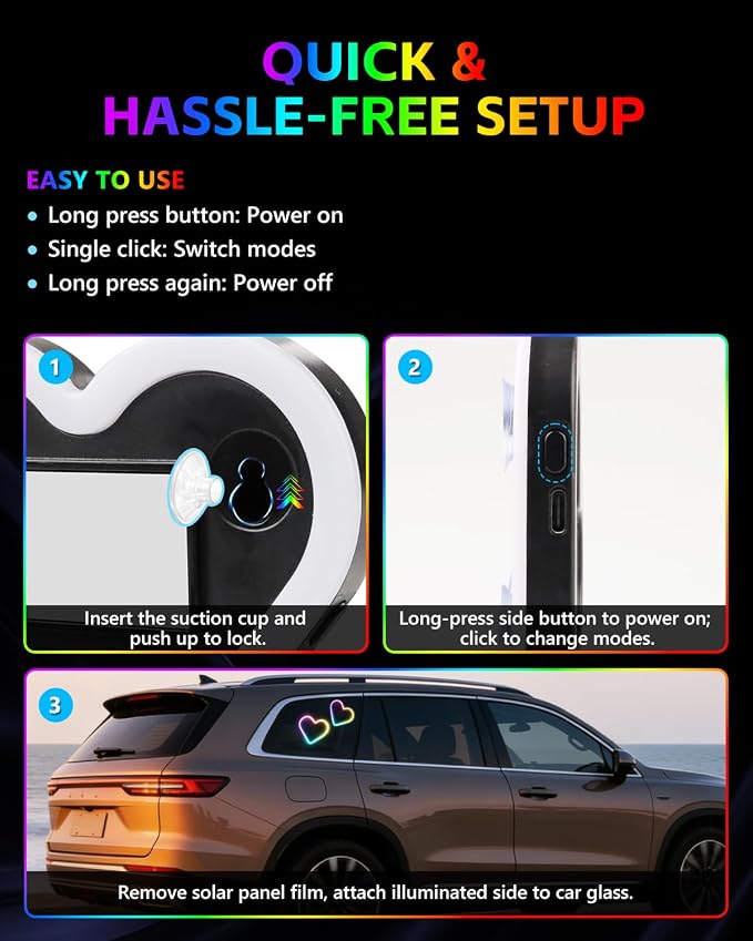 2PCS Car LED Ambient Lights, Car Triangle Window Solar-Powered Heart Shaped Atmosphere Light with 8 Switchable Lighting Modes, Rechargeable Romantic Neon Heart Light for Interior Car(Colorful) - Image 7