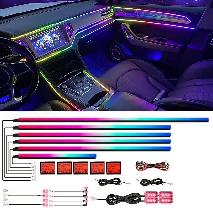 HMYC Acrylic Interior Car LED Strip Light with APP, 18-in-1 128 Colorful 6 Pieces Fiber Optic Car Decoration Atmosphere Light Kits, Dual Zone Music Sync Rhythm RGB Neon Lighting for All Cars by HMYC