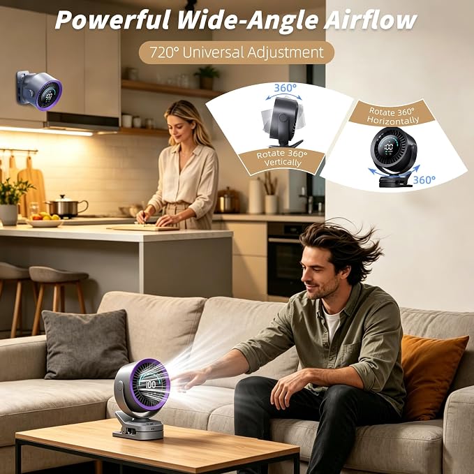 Portable Clip on Fan, Rechargeable USB Desk Fan with Turbo Airflow, 100 Speeds LED Display, 360° Rotation, Small Quiet Battery Powered Fan for Stroller Outdoor Travel Camping Golf Cart, Grey - Image 5