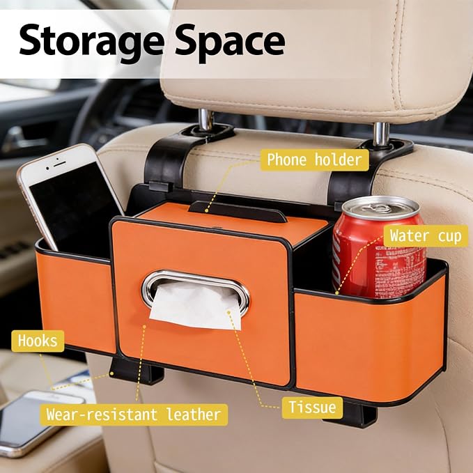 ZenChef Three-in-one Car Organizers and Storage, 2025 New Multi-function Car Tissue Holder, Multi-function Backseat Car Organizer with Cup Holder, Tissue Box, Hook (brown) - Image 4