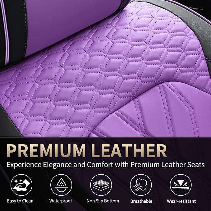 FLORICH Seat Covers for Cars Purple Leather Car Seat Covers Front Pair Breathable Automotive Car Seat Cover Non-Slip Easy Installation Comfortable Universal Fit for Most Car Truck SUV, Black&Purple - Image 7