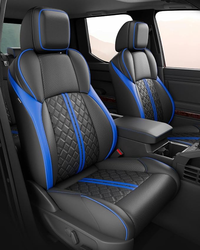 RIDEPOSH Custom Leather Seat Covers for Toyota Tacoma Double Cab 2024-2026 | full set, BKblue, OEM fit, premium waterproof leather, anti-slip, extra pockets, long-term durability, airbag compatible by RIDEPOSH