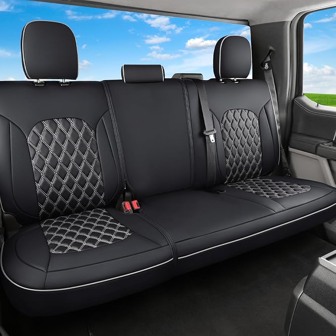 Huidasource Rear Car Seat Covers Fit for Toyota Tacoma 2016-2023 Double & Crew Cab SR SR5 Limited TRD Sport/Pro/Off Road, Split Rear Bench Back Row Leather Seat Cover (Back Row/Black&White) by Huidasource