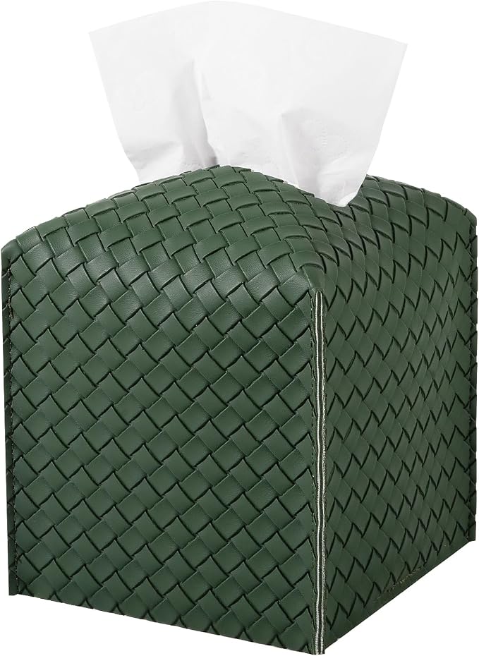Tissue Box Cover Square Leather Facial Paper Holder, Dark Green | PU Leather，Easy to Fill, Easy Clean, Decorative Cube Tissue Box Holder for Office, Bathroom,Kitchen, Living room, Guest room by zoocatia