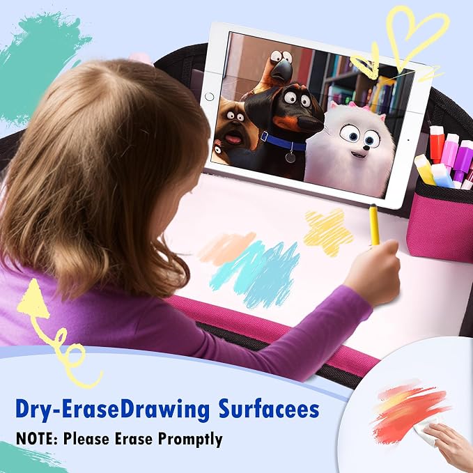 Car Seat Tray,Toddler Road Trip Essentials With Drawing Kit | Road Trip Essentials Accessories Lap Tray with iPad Holder Stand & Dry Erase Board as Travel Gifts for Kid,2PC - Image 5