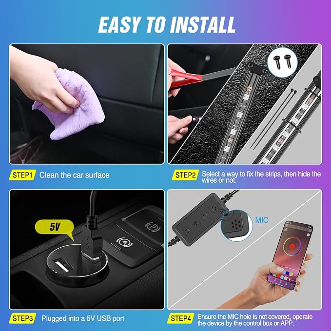 Nilight 4PCS USB Car Interior Lights Dream Color App and Remote Control | 72LED 5V DC RGB-IC Music Car Neon Accent Light Strips Under Dash Lighting Kit with Sound Active Function - Image 6