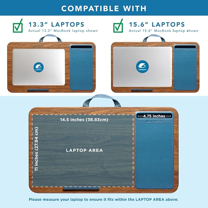 LAPGEAR Home Office Lap Desk – Espresso Blue, Fits 15.6” Laptops | Built-In Mouse Pad & Phone Slot, Integrated Device Ledge, Dual-Bolster Microbead Cushion, Carry Handle - Image 3