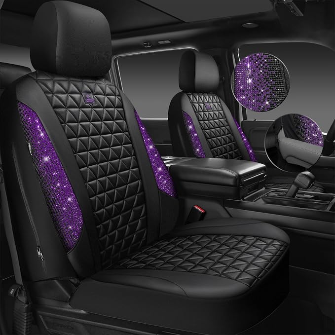CAR PASS Bling Diamond Leather Car Seat Covers Full Seats Interior Sets, Waterproof Shining Glitter Sparkly Crystal Universal Armrest Fit Automotive Truck SUV Cute Women Girl, Black Purple Rhinestone - Image 2